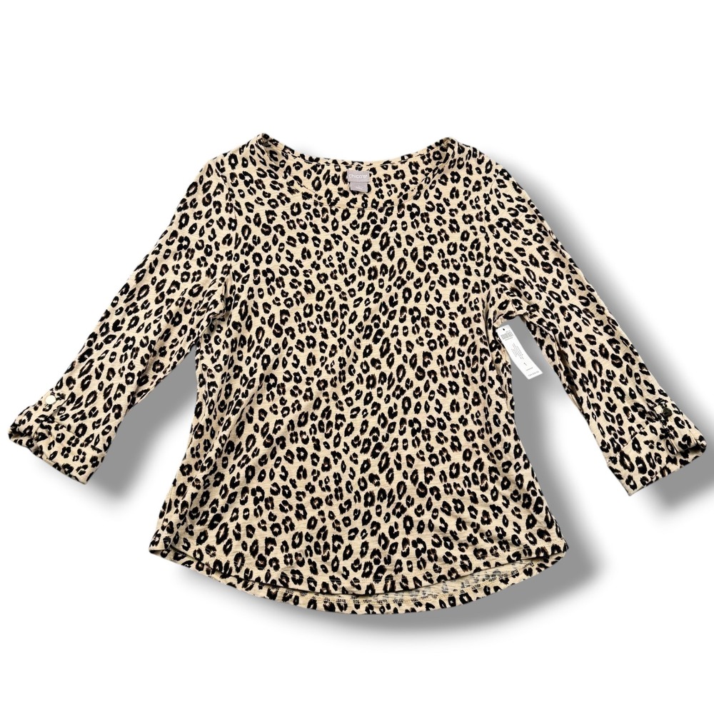 Chicos Womens Leopard Print 3/4 Sleeve Cotton Slub Utility Top‎ Neutral Size 1 M